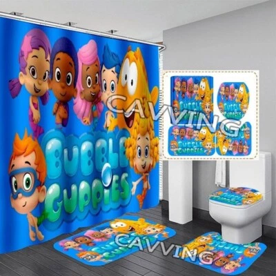 Bubble Guppies Shower Curtain /4PCS Set /Non-Slip Rug+Bath Mat+Toilet Lid Cover