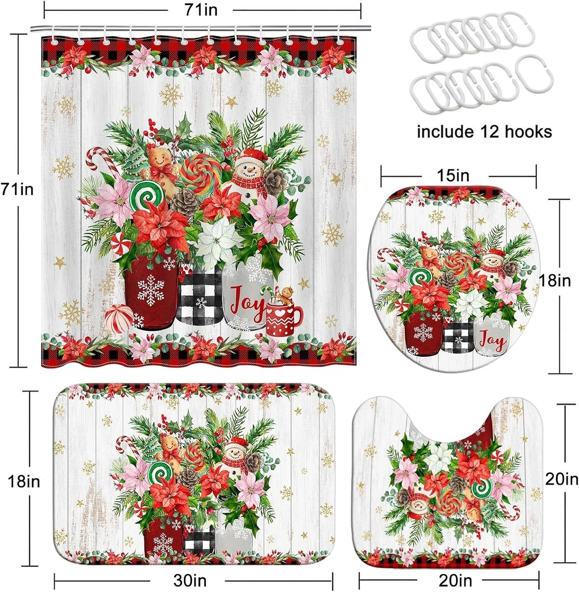 Christmas Shower Curtain Set 4 Piece Snowman Gingerbread Bath Rugs Toilet Cover