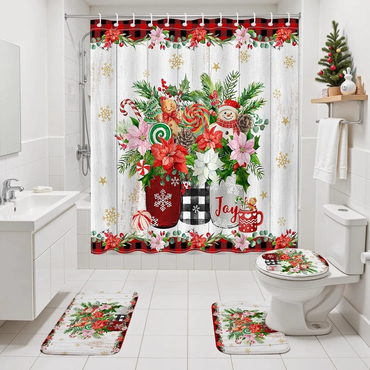 Christmas Shower Curtain Set 4 Piece Snowman Gingerbread Bath Rugs Toilet Cover