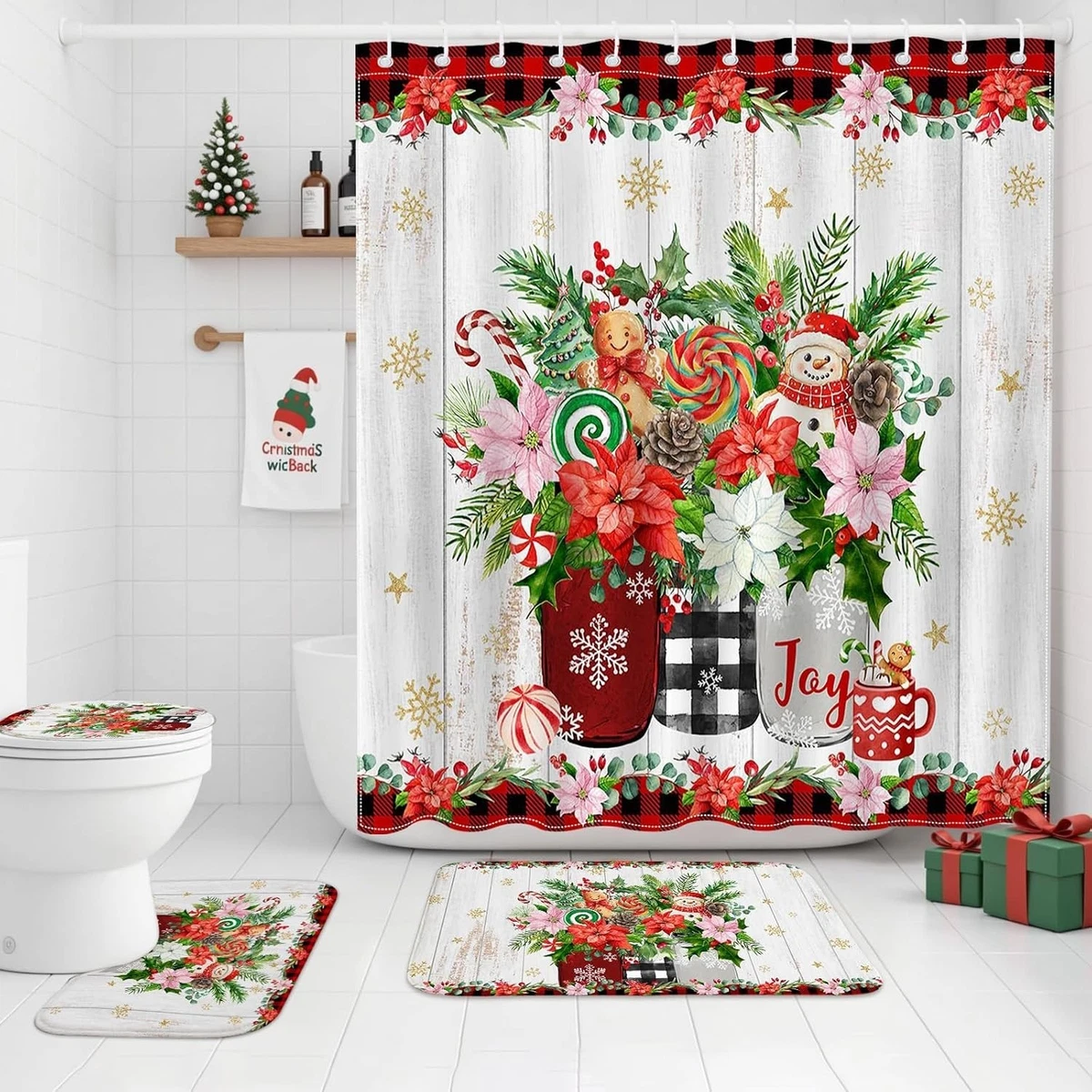 Christmas Shower Curtain Set 4 Piece Snowman Gingerbread Bath Rugs Toilet Cover