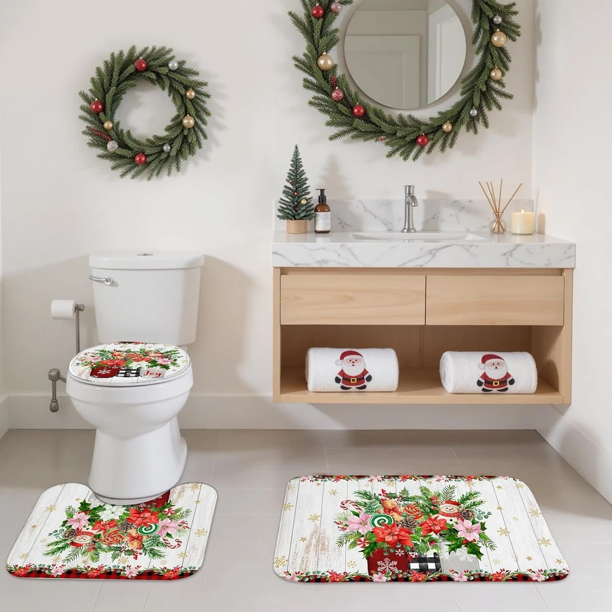Christmas Shower Curtain Set 4 Piece Snowman Gingerbread Bath Rugs Toilet Cover