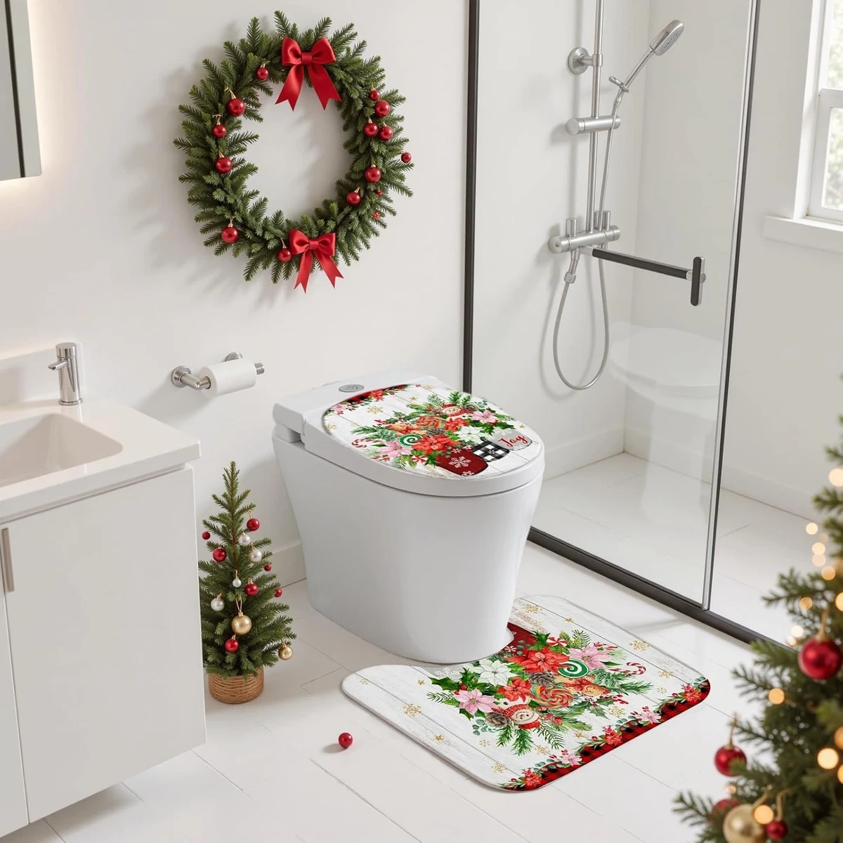Christmas Shower Curtain Set 4 Piece Snowman Gingerbread Bath Rugs Toilet Cover