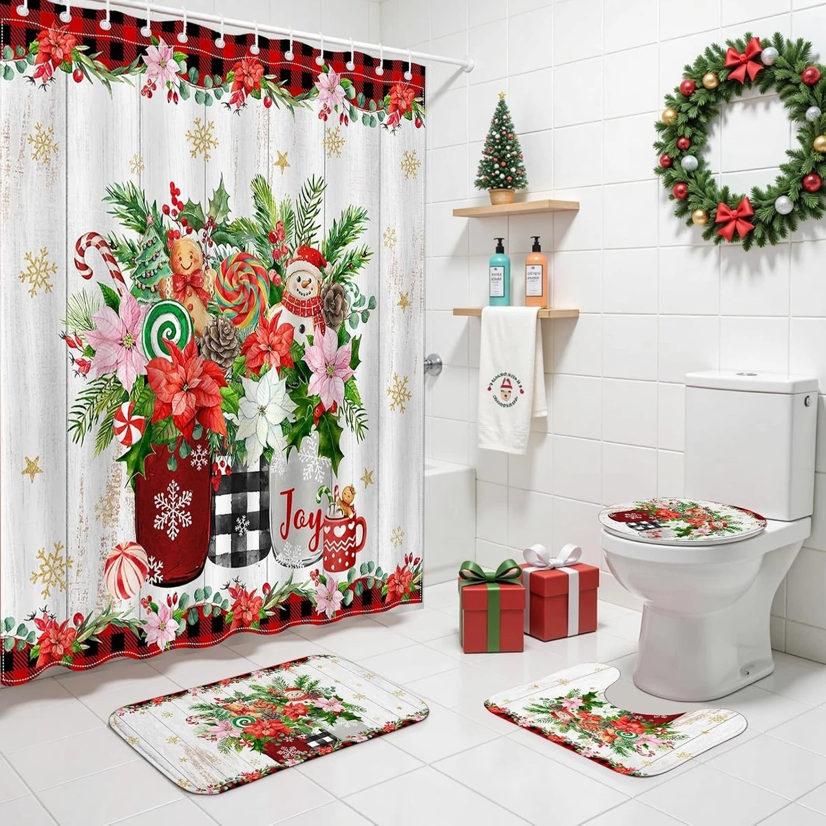 Christmas Shower Curtain Set 4 Piece Snowman Gingerbread Bath Rugs Toilet Cover