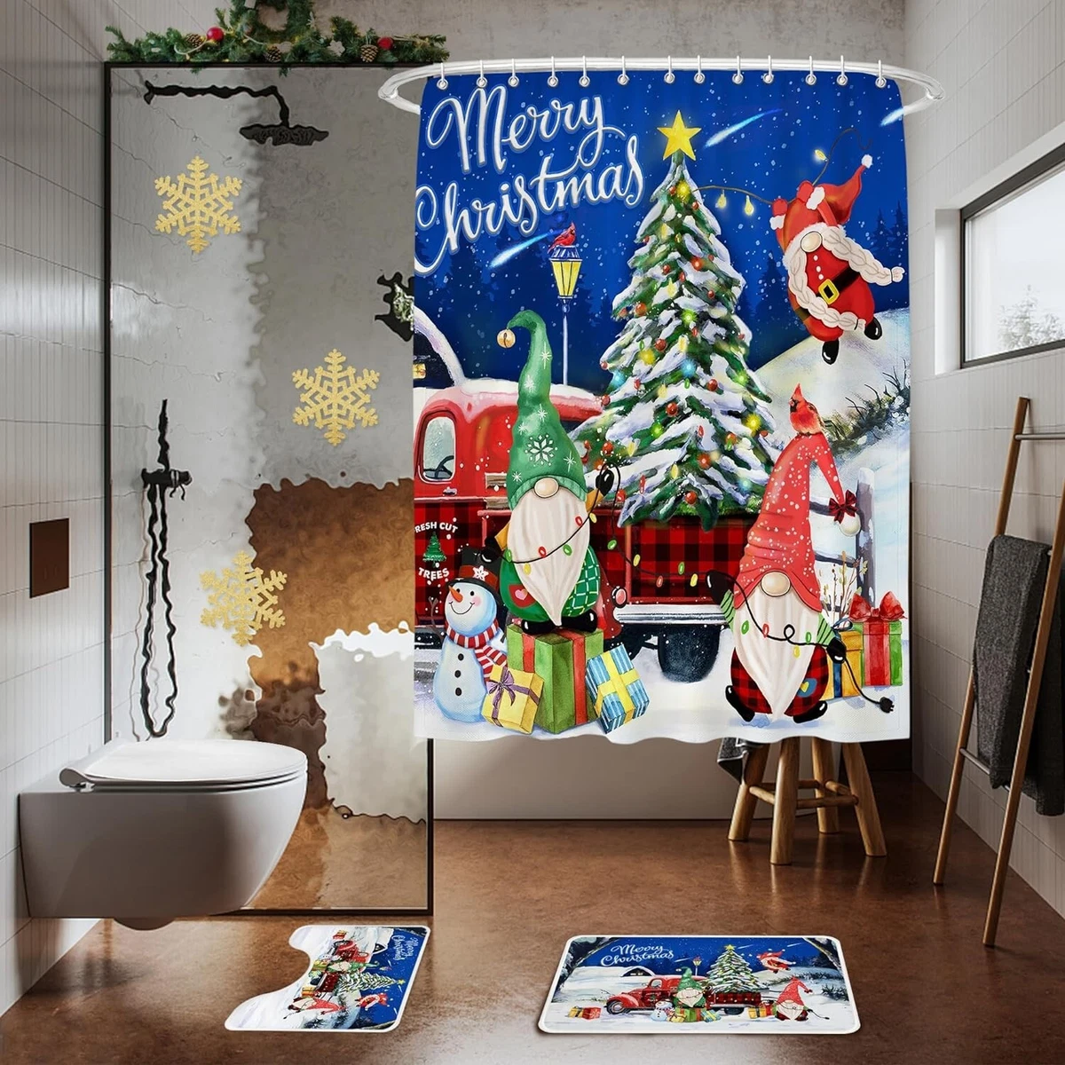 Christmas Shower Curtain Set 4pcs Truck Non-Slip Rug, Toilet Lid Cover Blue