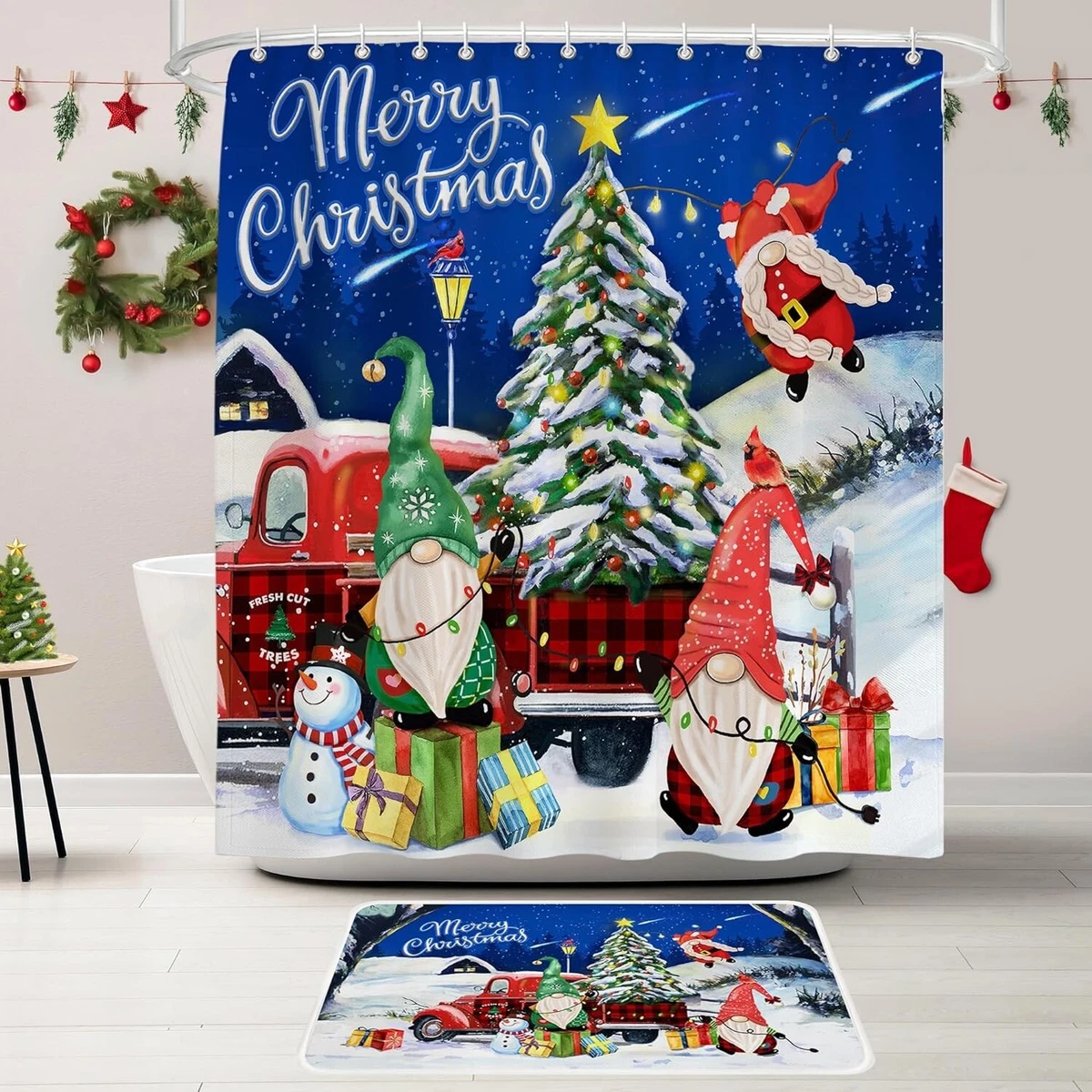 Christmas Shower Curtain Set 4pcs Truck Non-Slip Rug, Toilet Lid Cover Blue