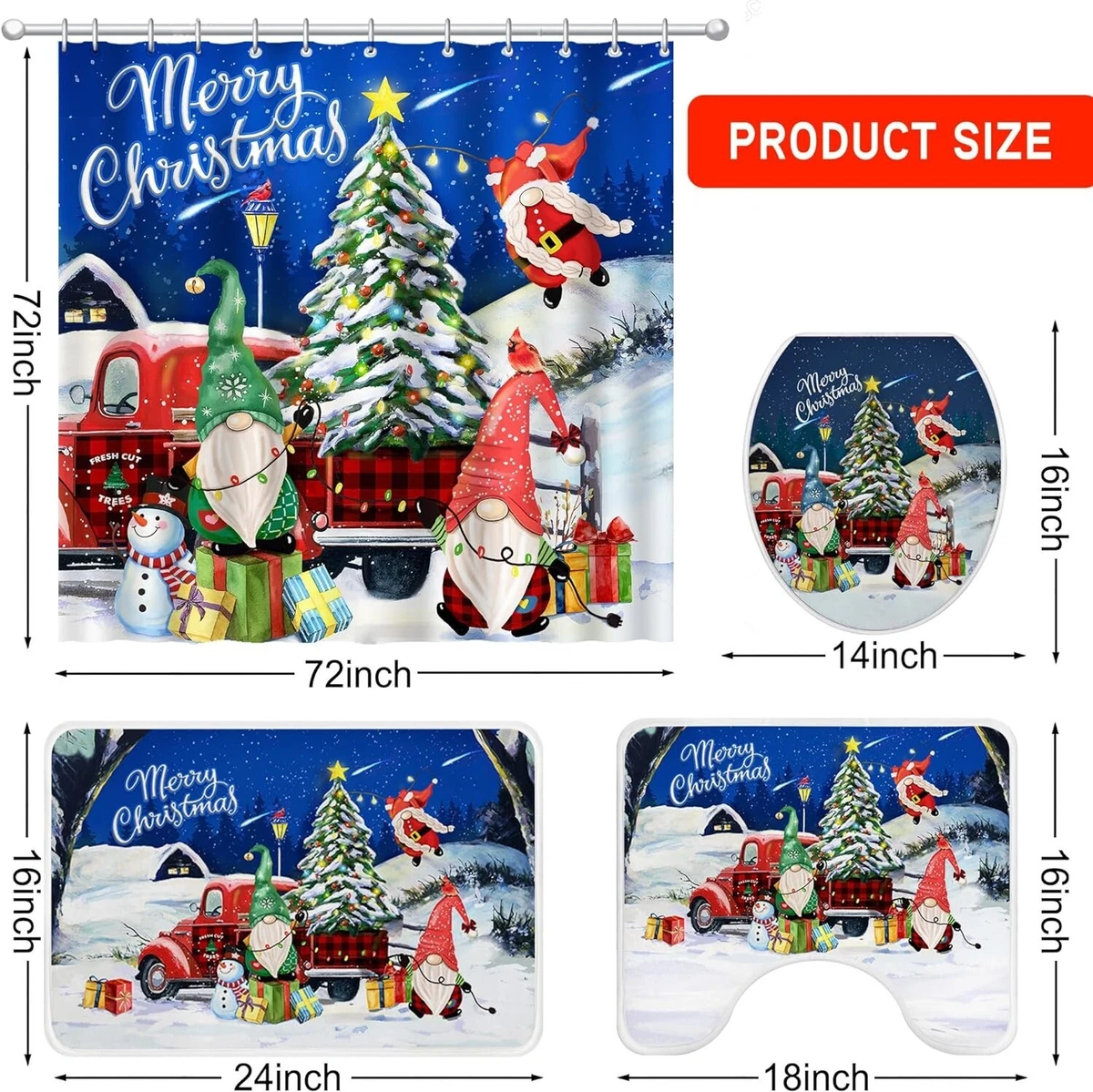 Christmas Shower Curtain Set 4pcs Truck Non-Slip Rug, Toilet Lid Cover Blue