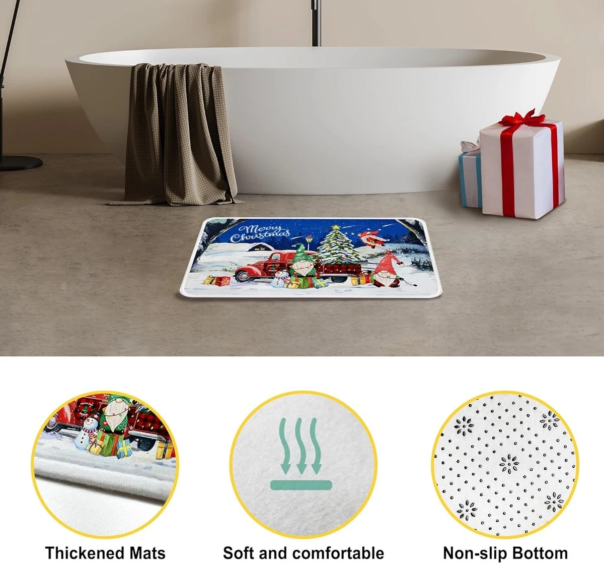 Christmas Shower Curtain Set 4pcs Truck Non-Slip Rug, Toilet Lid Cover Blue