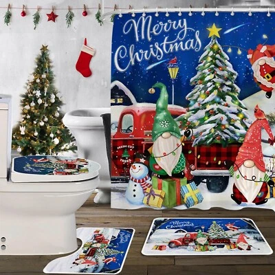 Christmas Shower Curtain Set 4pcs Truck Non-Slip Rug, Toilet Lid Cover Blue 