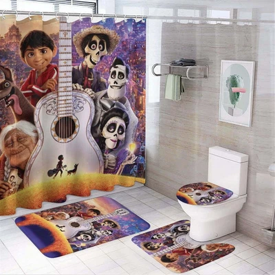 Coco 4-Piece Shower Curtain Set with Non-Slip Rugs, Toilet Lid Cover & Bath Mat