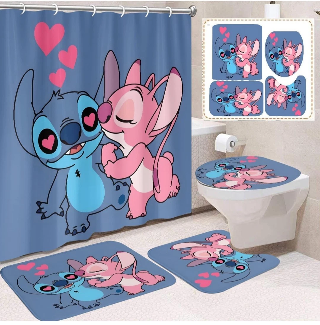 Cute Sitch Shower Curtain Set 4 Piece with Non-Slip Rugs, Toilet Lid Cover and B