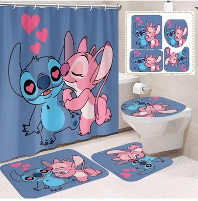 Cute Sitch Shower Curtain Set 4 Piece with Non-Slip Rugs, Toilet Lid Cover and B