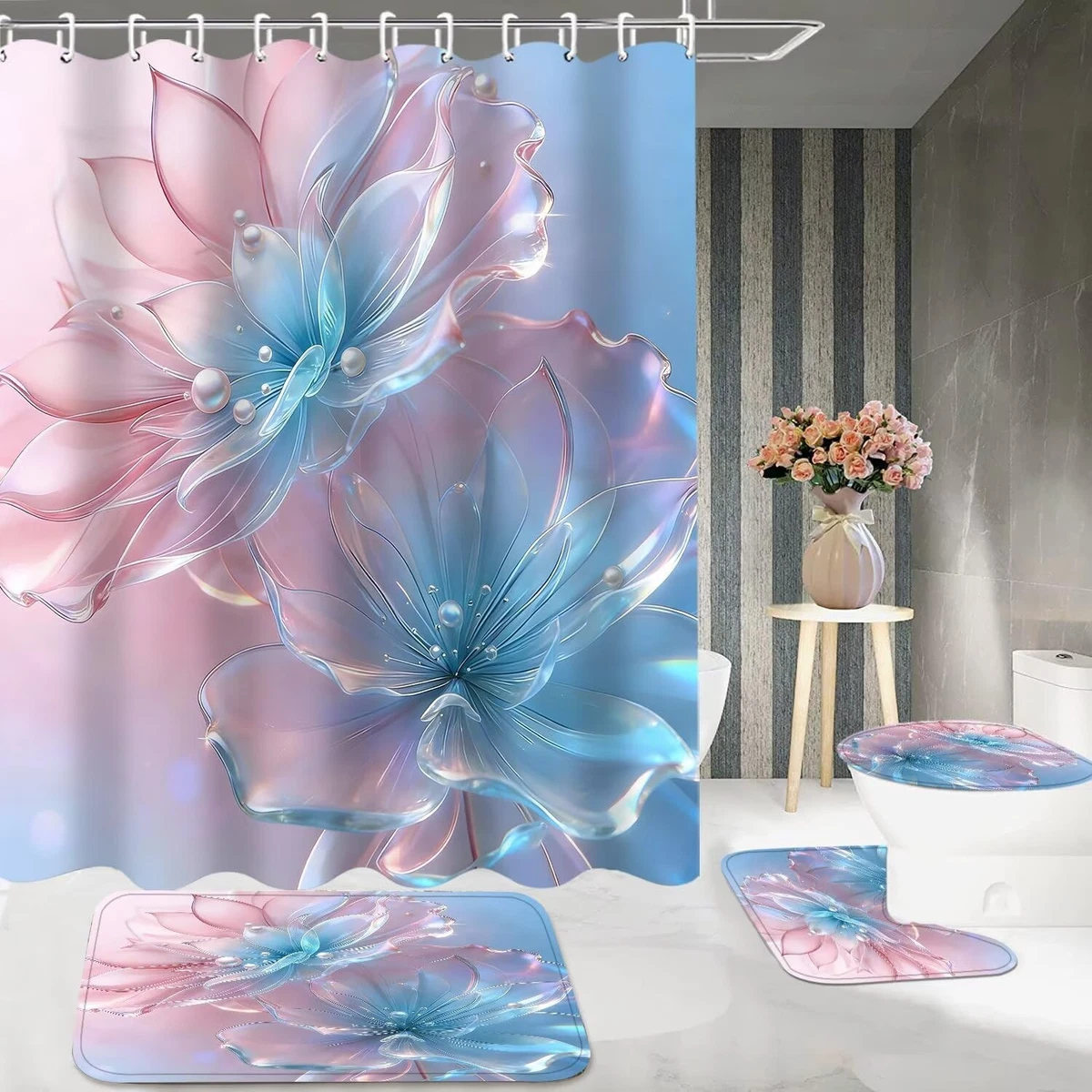 DDQQ 4 Pcs Floral Shower Curtain Set Pink Blue Bathroom Rugs Toilet Lid Cover