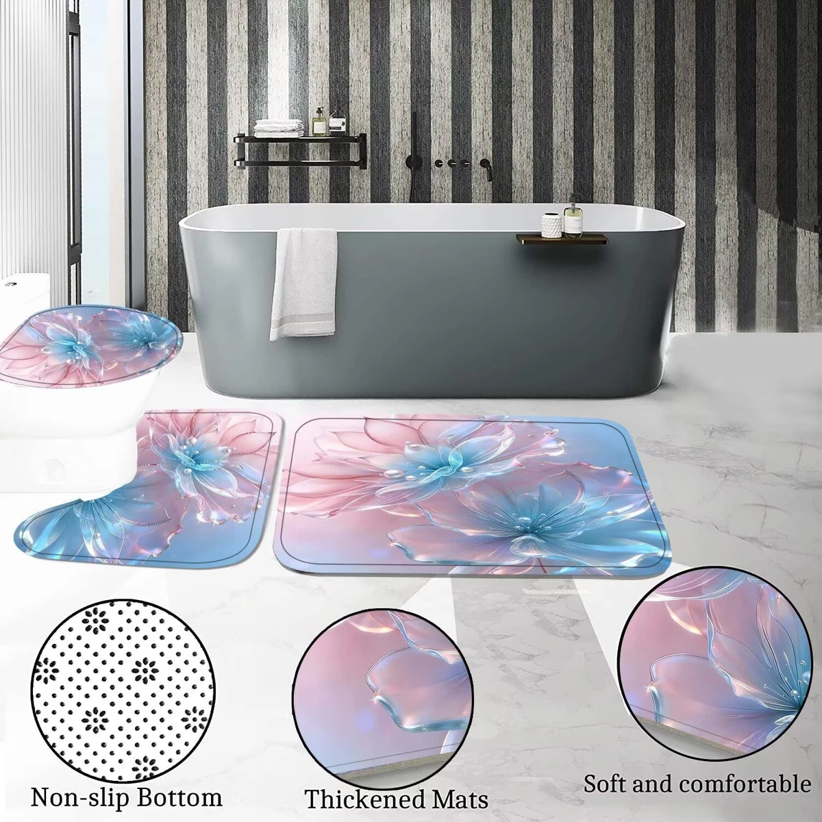 DDQQ 4 Pcs Floral Shower Curtain Set Pink Blue Bathroom Rugs Toilet Lid Cover