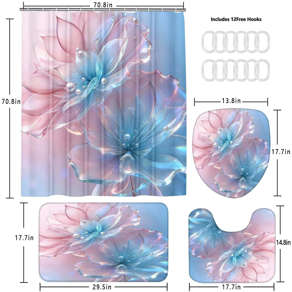 DDQQ 4 Pcs Floral Shower Curtain Set Pink Blue Bathroom Rugs Toilet Lid Cover