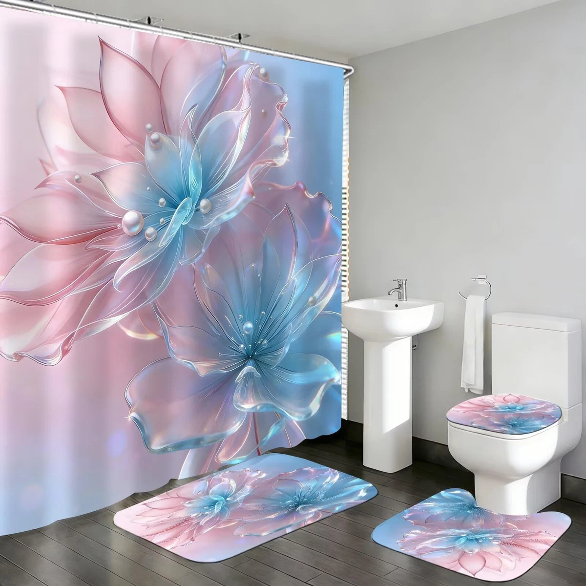 DDQQ 4 Pcs Floral Shower Curtain Set Pink Blue Bathroom Rugs Toilet Lid Cover
