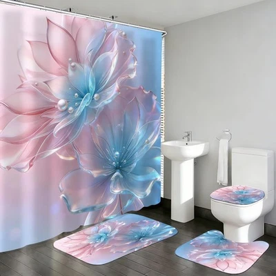 DDQQ 4 Pcs Floral Shower Curtain Set Pink Blue Bathroom Rugs Toilet Lid Cover