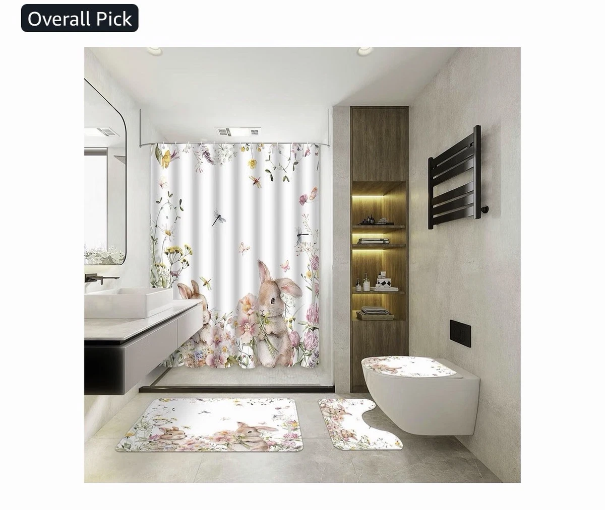 Easter2 Rabbit Floral 4pc Bathroom Set Shower Curtain Mat Lid Cover Rug
