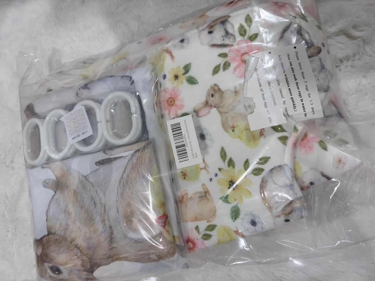 Easter2 Rabbit Floral 4pc Bathroom Set Shower Curtain Mat Lid Cover Rug