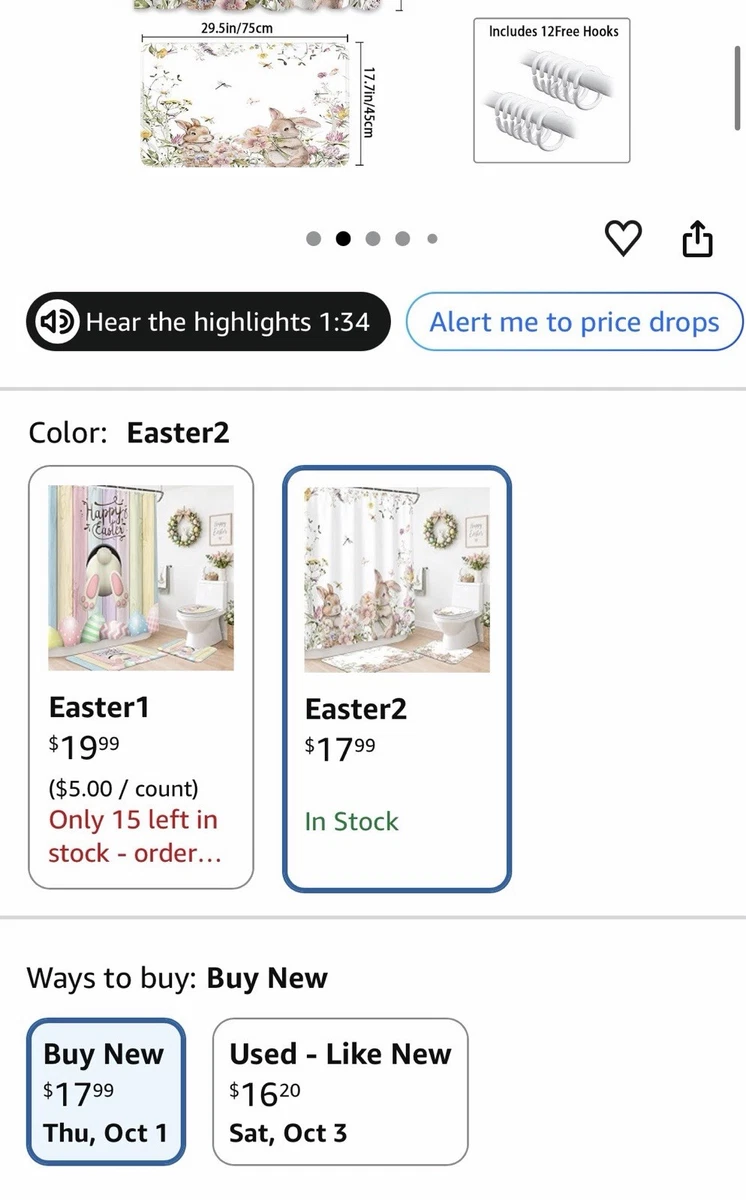 Easter2 Rabbit Floral 4pc Bathroom Set Shower Curtain Mat Lid Cover Rug