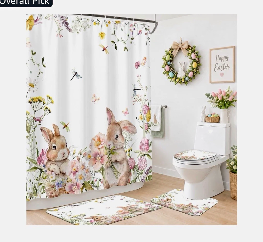 Easter2 Rabbit Floral 4pc Bathroom Set Shower Curtain Mat Lid Cover Rug