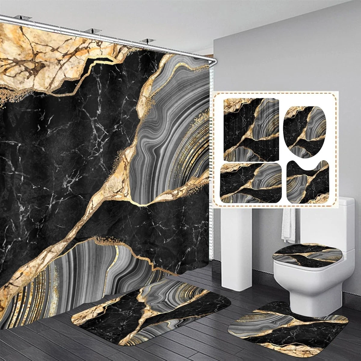 Exquisite 4-Pcs Black Marble Shower Curtain Set with Non-Slip Rugs & Lid Cover