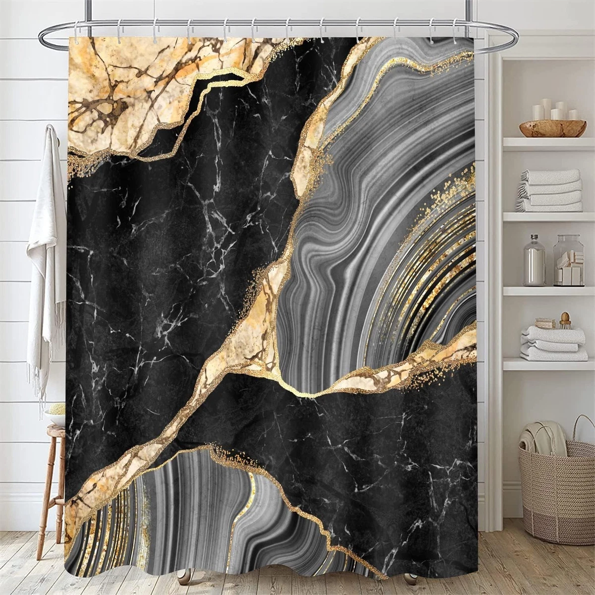 Exquisite 4-Pcs Black Marble Shower Curtain Set with Non-Slip Rugs & Lid Cover