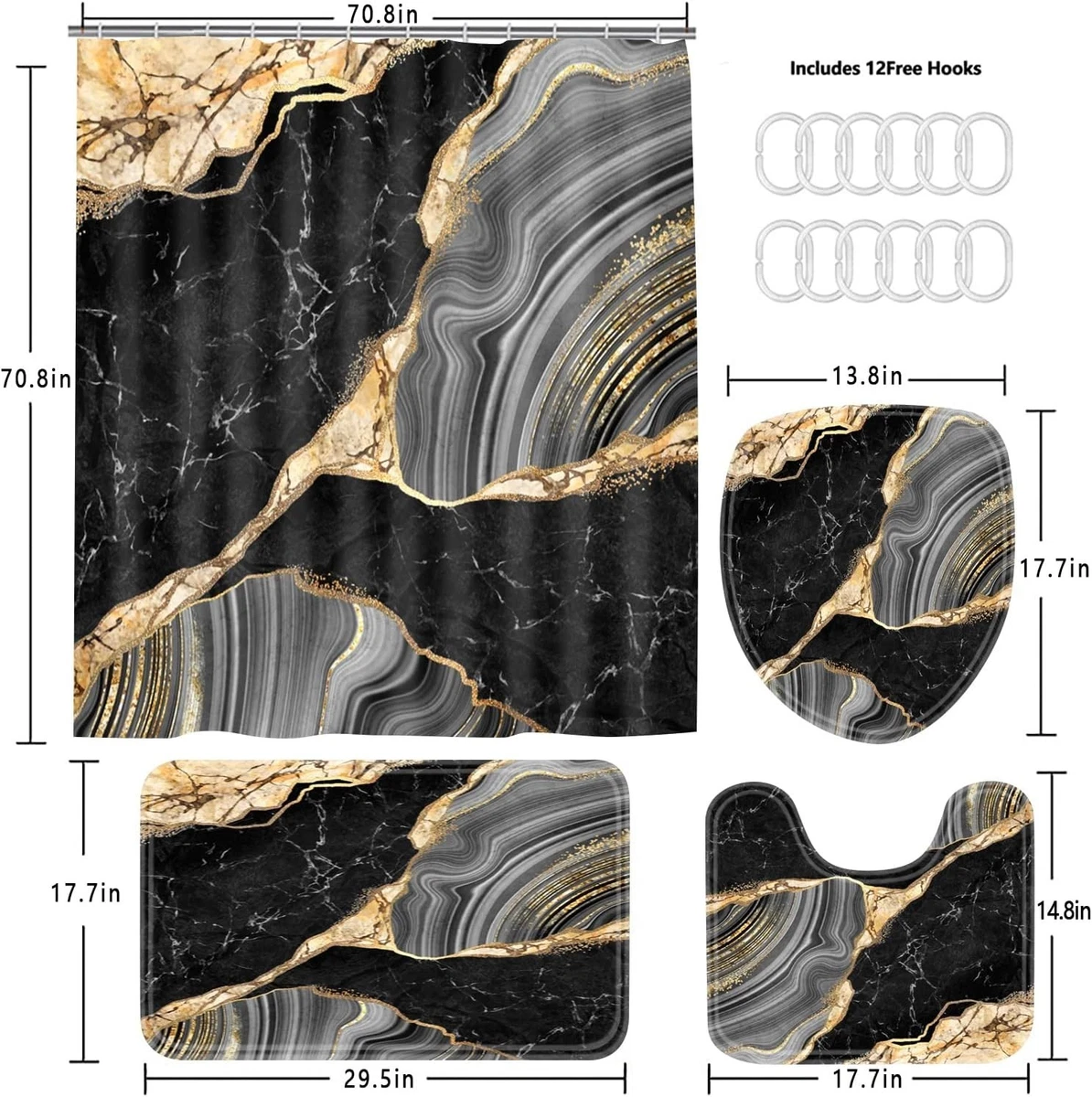 Exquisite 4-Pcs Black Marble Shower Curtain Set with Non-Slip Rugs & Lid Cover