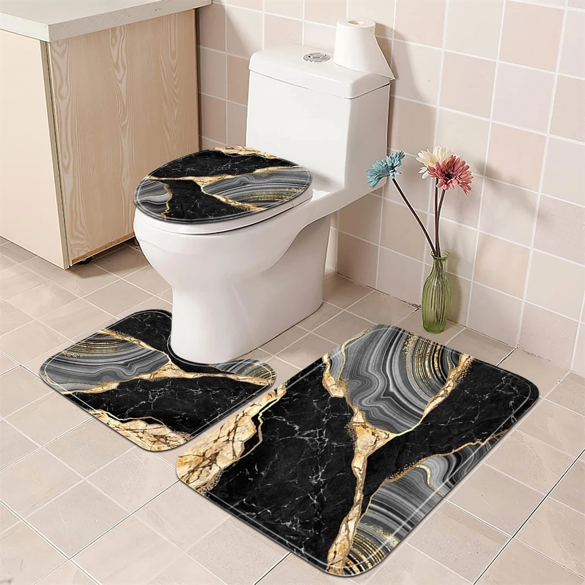 Exquisite 4-Pcs Black Marble Shower Curtain Set with Non-Slip Rugs & Lid Cover