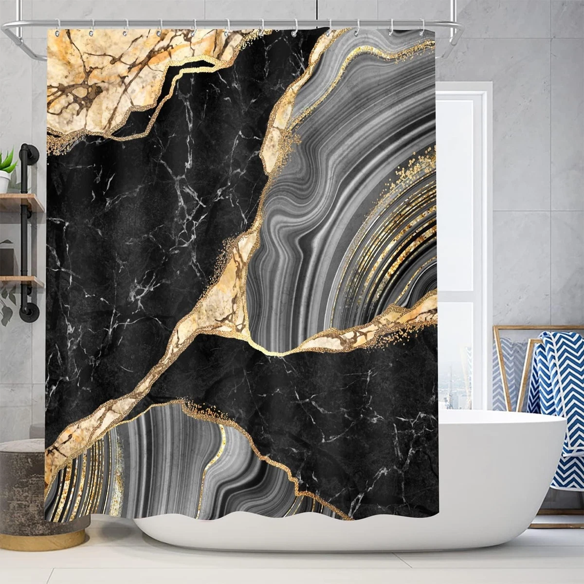 Exquisite 4-Pcs Black Marble Shower Curtain Set with Non-Slip Rugs & Lid Cover