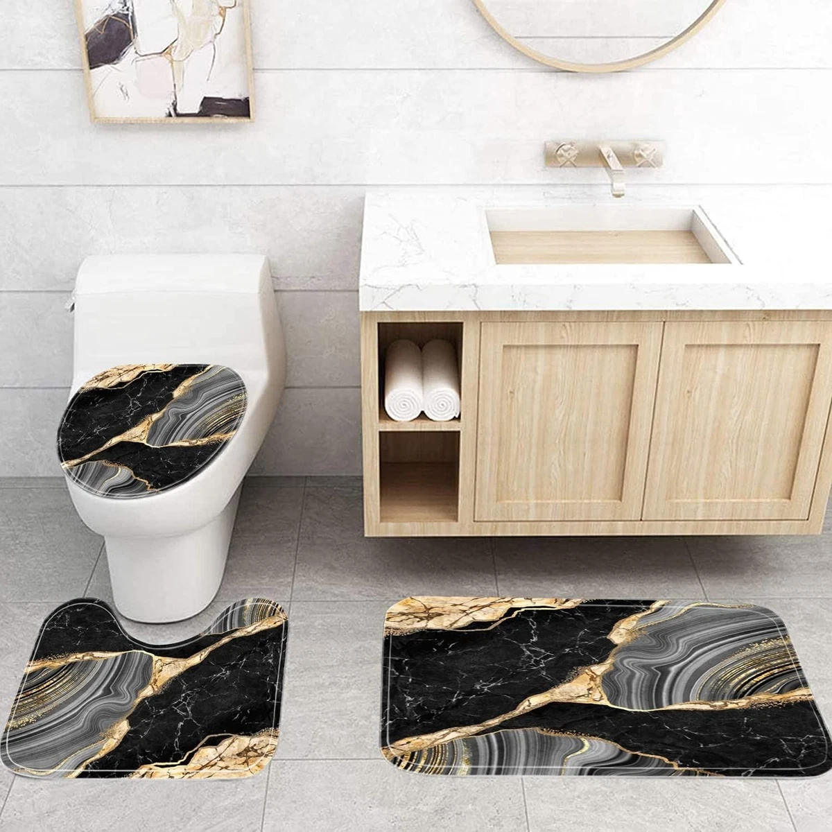 Exquisite 4-Pcs Black Marble Shower Curtain Set with Non-Slip Rugs & Lid Cover