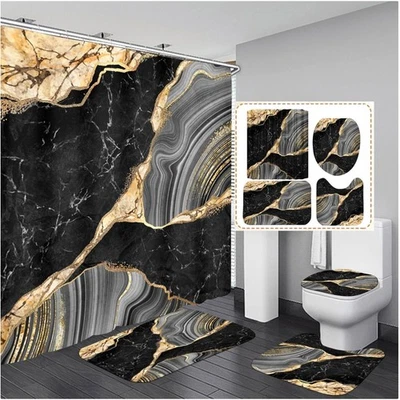 Exquisite 4-Pcs Black Marble Shower Curtain Set with Non-Slip Rugs & Lid Cover