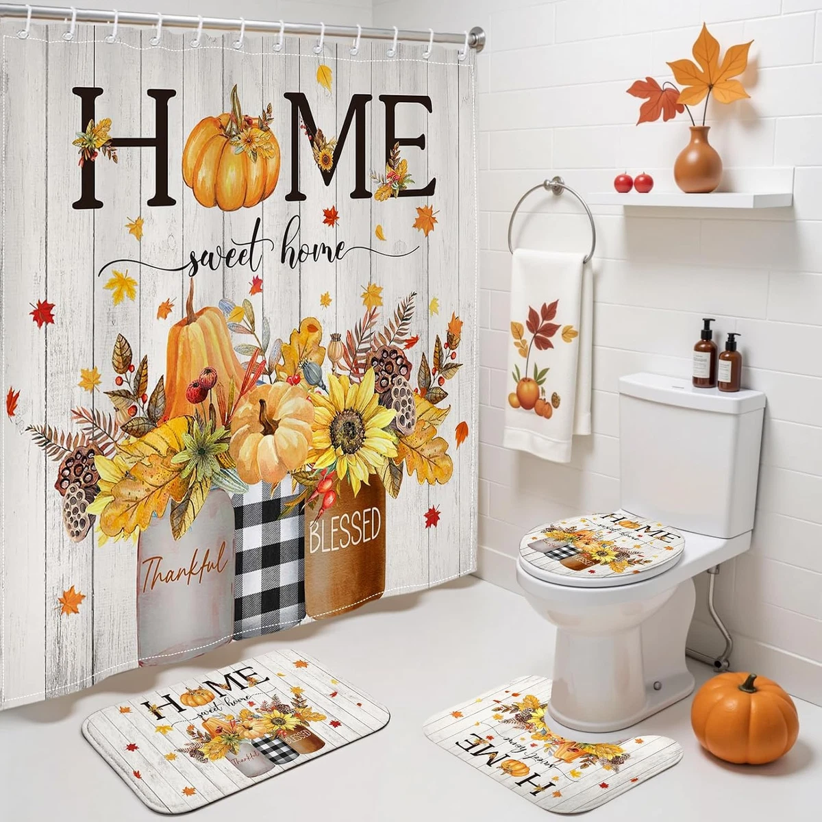 Fall Shower Curtain Set 4PCS Pumpkin Maple Leaf Bathroom Rug Mat Toilet Cover
