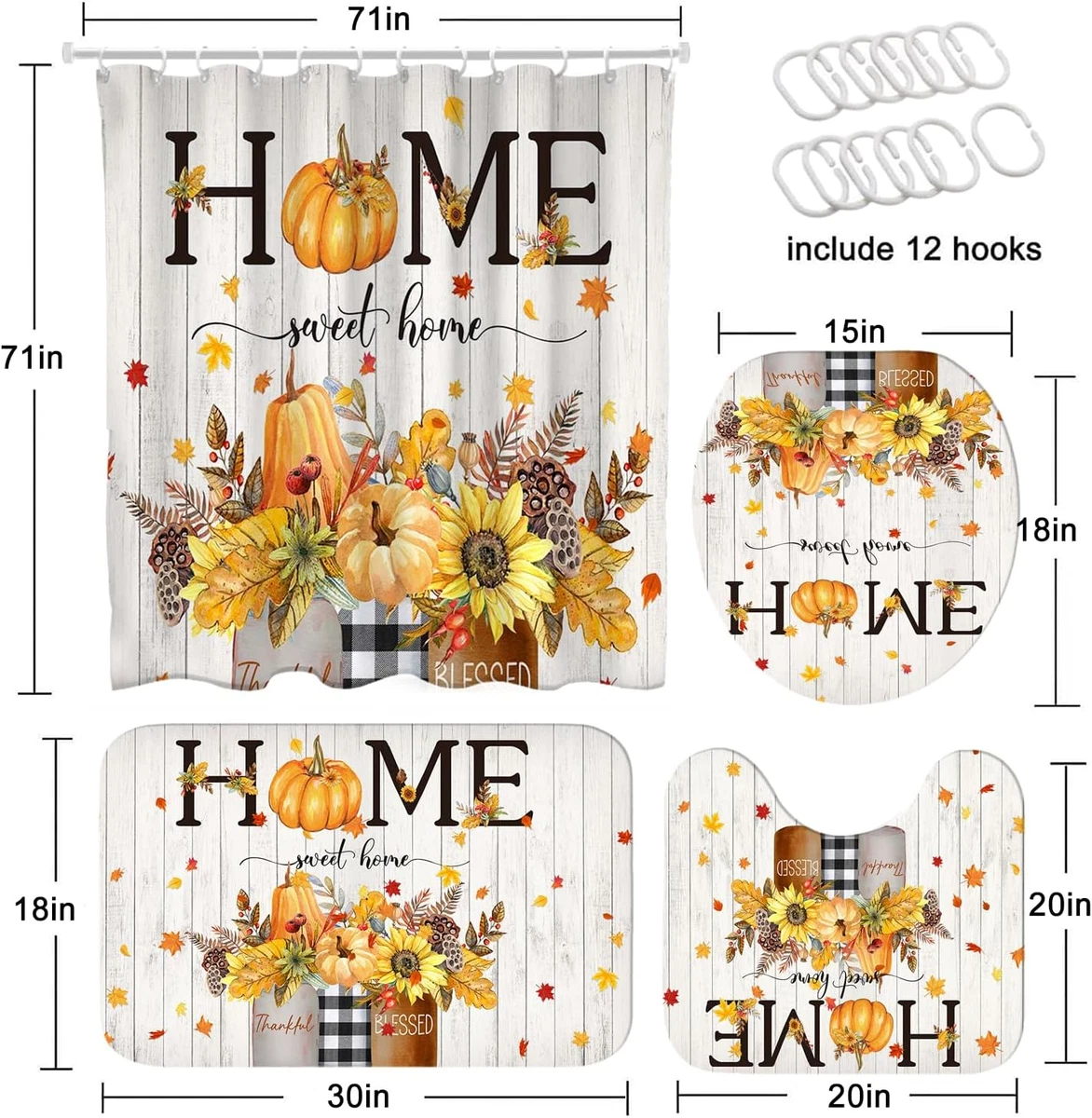 Fall Shower Curtain Set 4PCS Pumpkin Maple Leaf Bathroom Rug Mat Toilet Cover