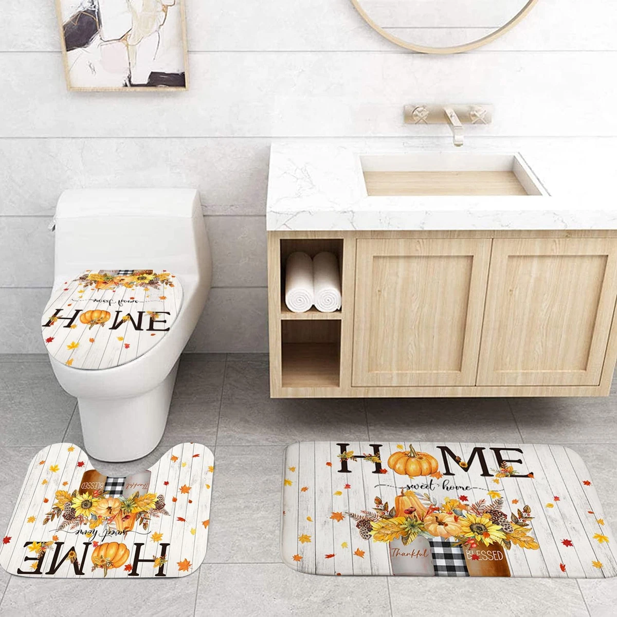 Fall Shower Curtain Set 4PCS Pumpkin Maple Leaf Bathroom Rug Mat Toilet Cover