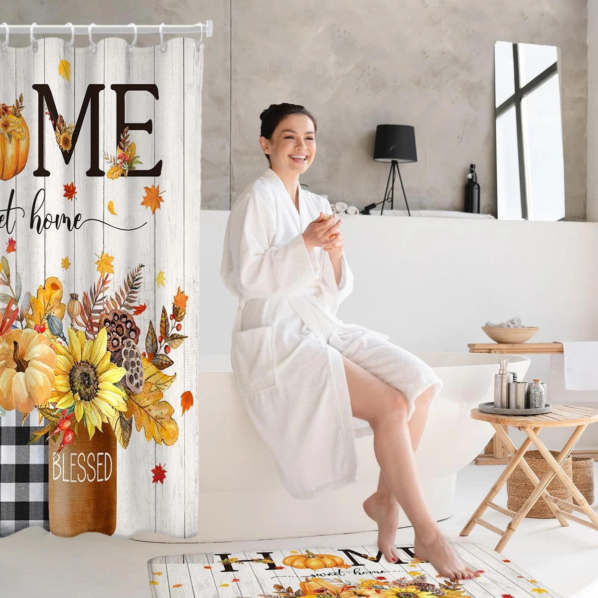 Fall Shower Curtain Set 4PCS Pumpkin Maple Leaf Bathroom Rug Mat Toilet Cover