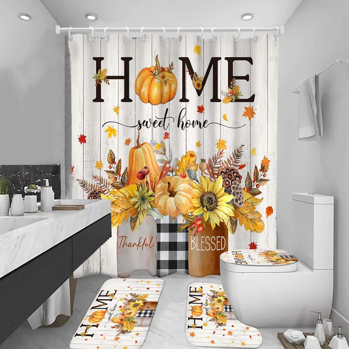 Fall Shower Curtain Set 4PCS Pumpkin Maple Leaf Bathroom Rug Mat Toilet Cover