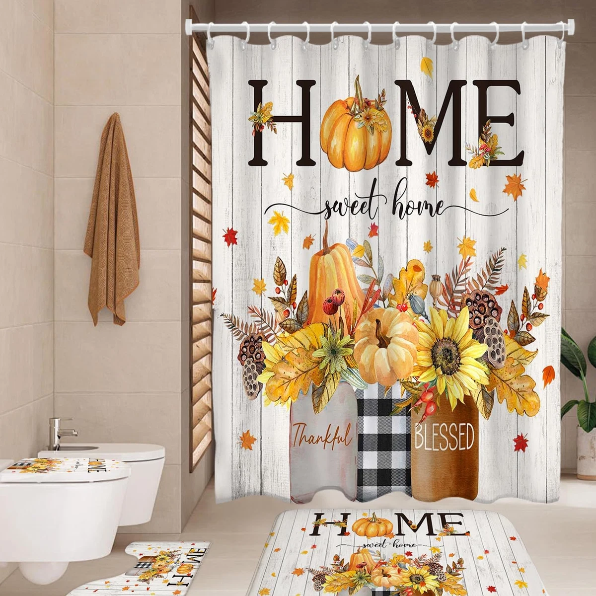 Fall Shower Curtain Set 4PCS Pumpkin Maple Leaf Bathroom Rug Mat Toilet Cover