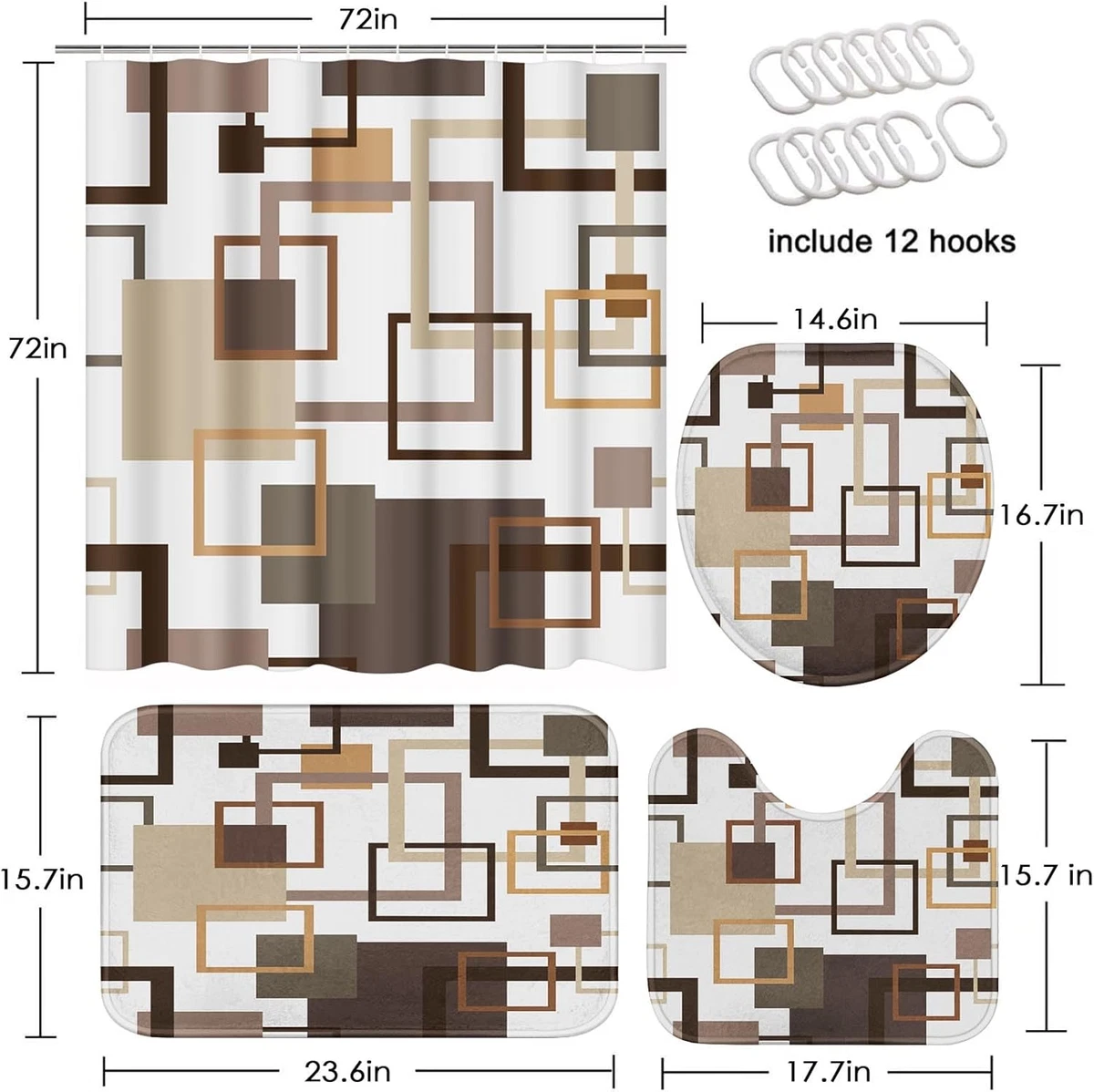 Geometric Brown Shower Curtain Set 4 Pcs Toilet Lid Cover Non-Slip Bath Rugs