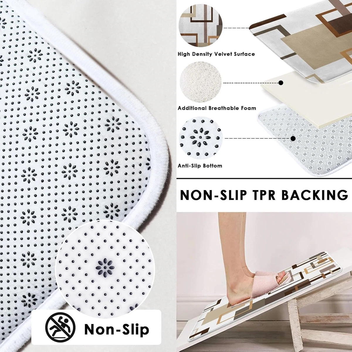 Geometric Brown Shower Curtain Set 4 Pcs Toilet Lid Cover Non-Slip Bath Rugs