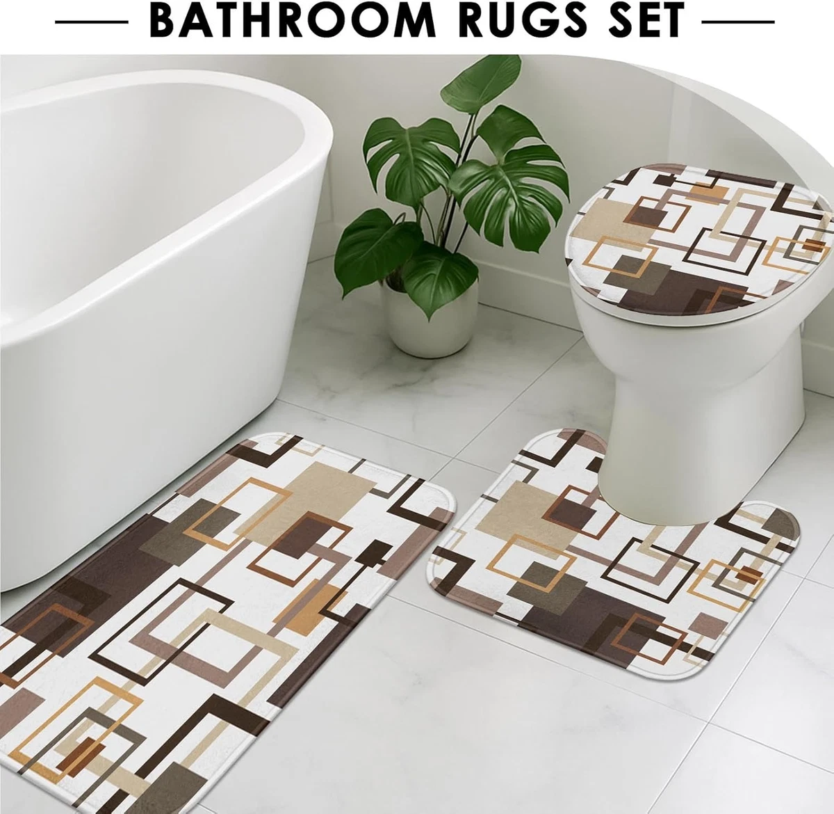 Geometric Brown Shower Curtain Set 4 Pcs Toilet Lid Cover Non-Slip Bath Rugs
