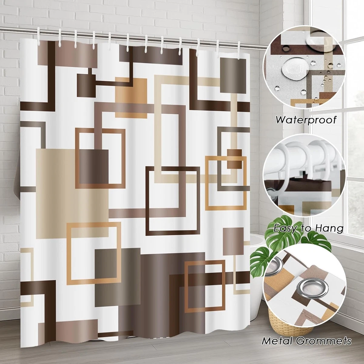 Geometric Brown Shower Curtain Set 4 Pcs Toilet Lid Cover Non-Slip Bath Rugs