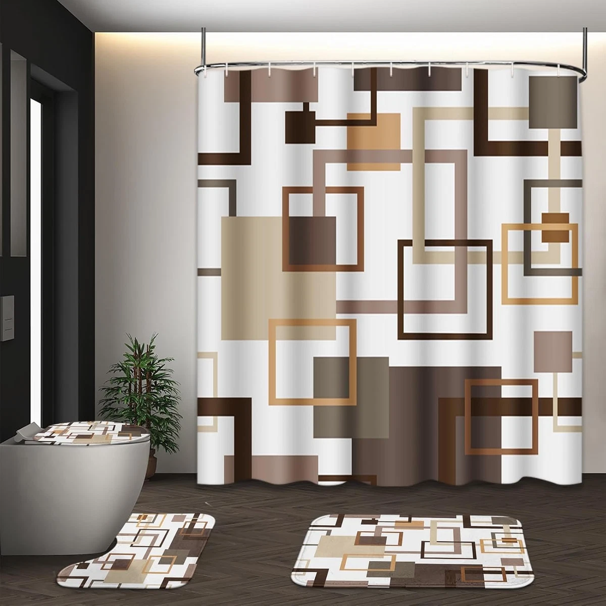 Geometric Brown Shower Curtain Set 4 Pcs Toilet Lid Cover Non-Slip Bath Rugs