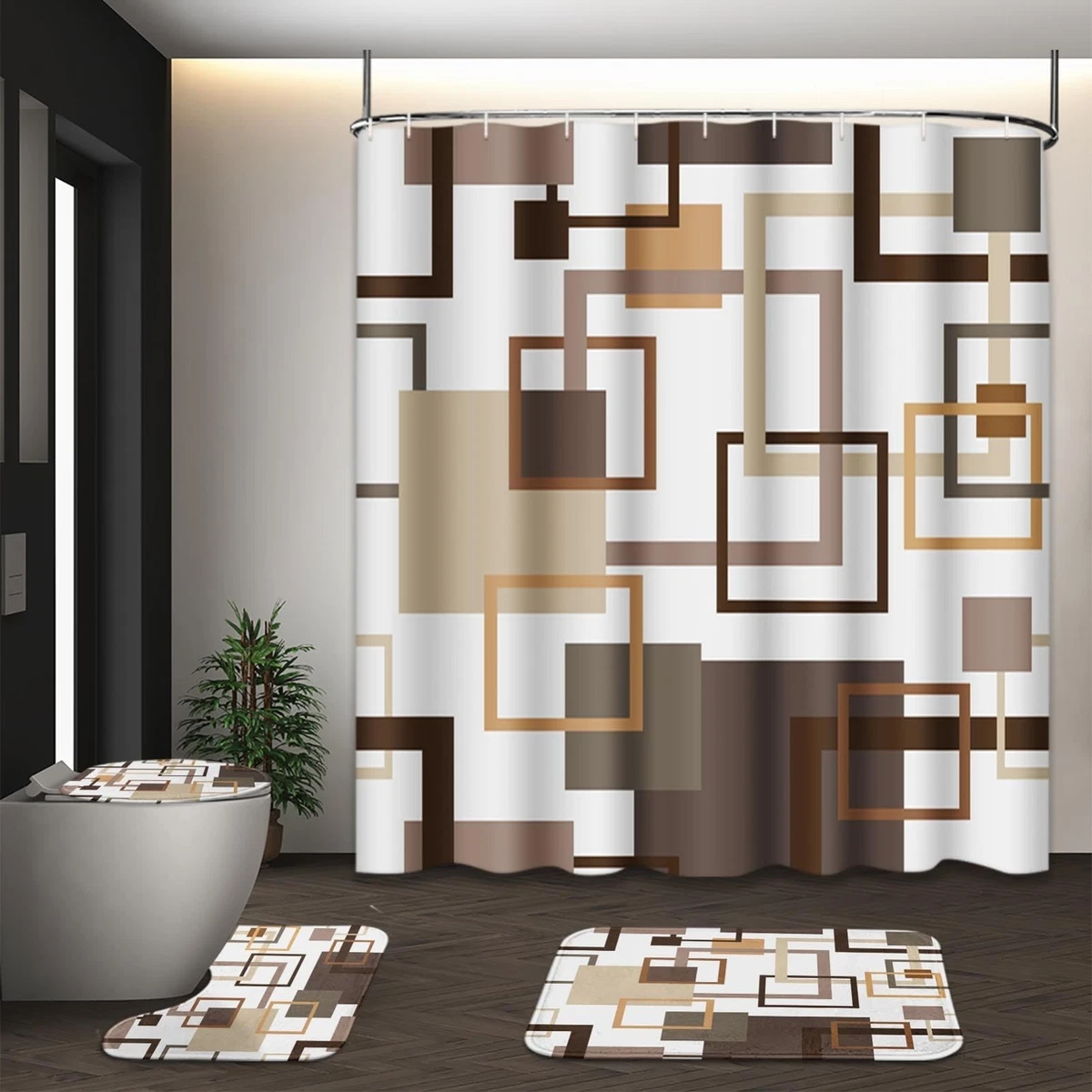 Geometric Brown Shower Curtain Set with Toilet Lid Cover & Non-Slip Rugs - 4 Pcs