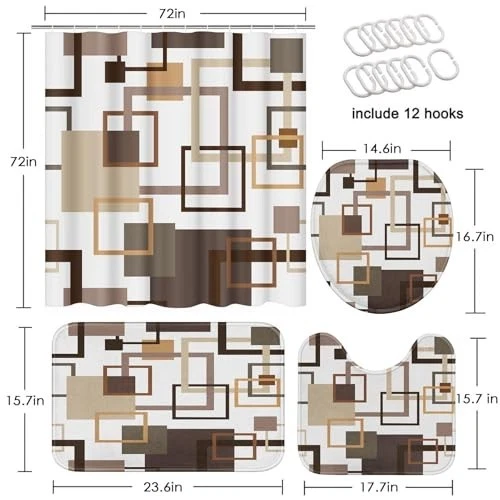 Geometric Brown Shower Curtain Set with Toilet Lid Cover & Non-Slip Rugs - 4 Pcs
