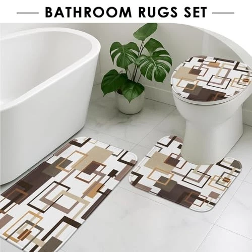 Geometric Brown Shower Curtain Set with Toilet Lid Cover & Non-Slip Rugs - 4 Pcs