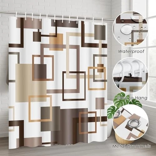 Geometric Brown Shower Curtain Set with Toilet Lid Cover & Non-Slip Rugs - 4 Pcs