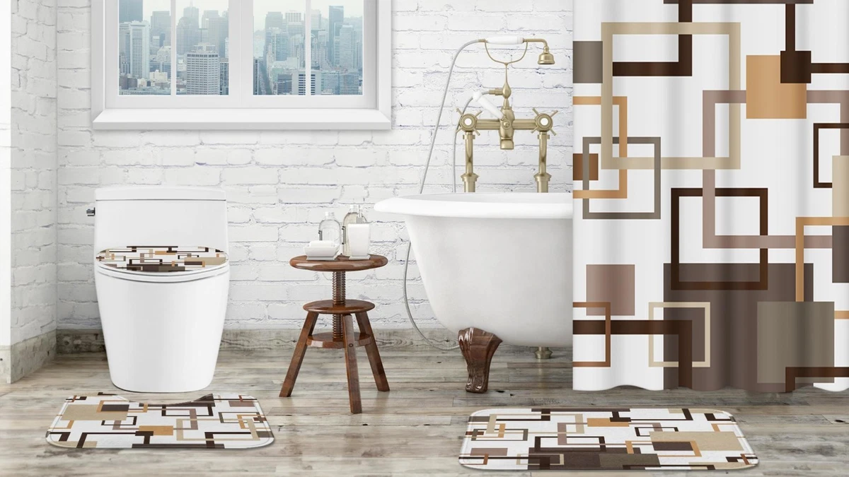Geometric Brown Shower Curtain Set with Toilet Lid Cover & Non-Slip Rugs - 4 Pcs