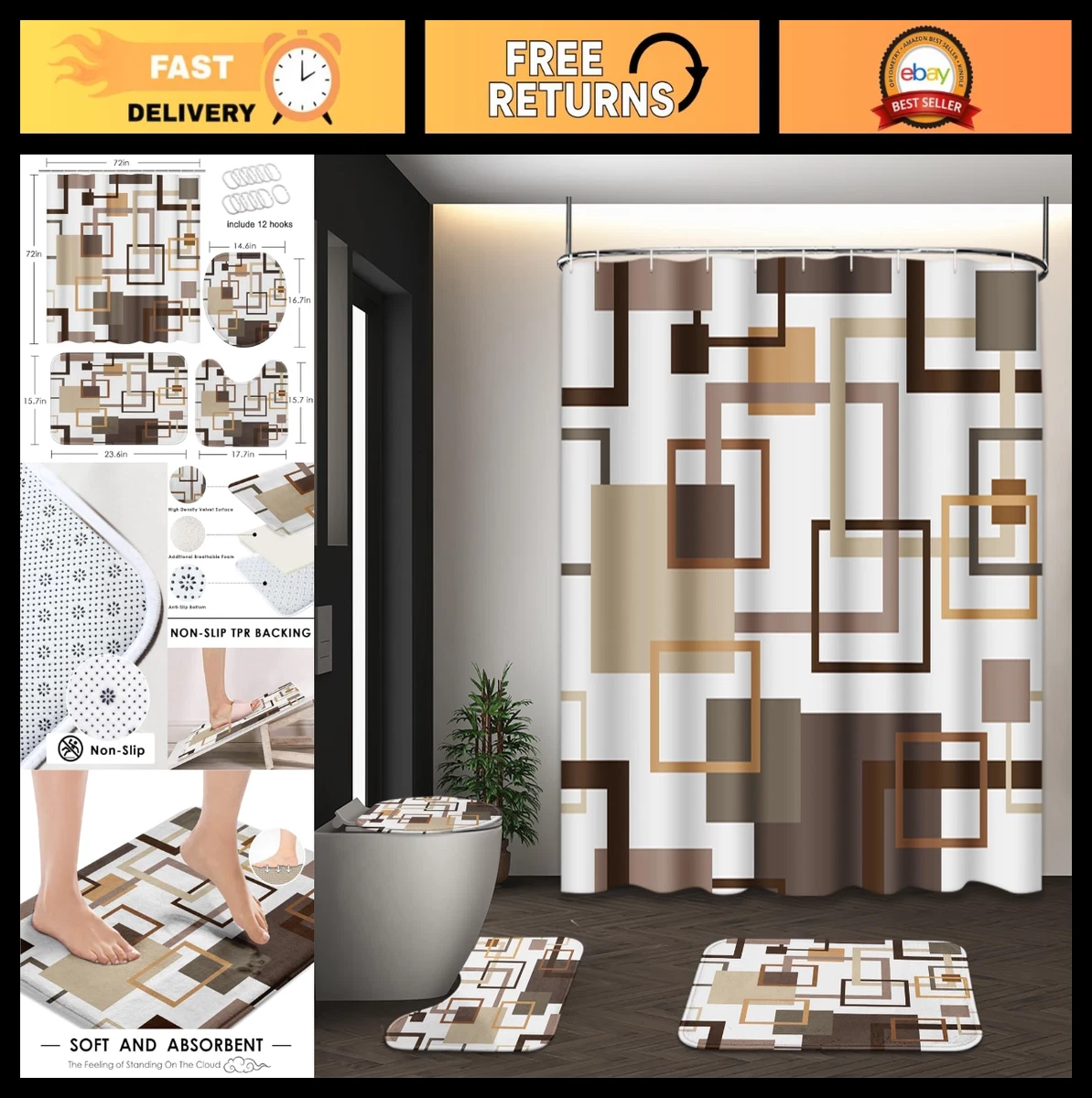 Geometric Brown Shower Curtain Set with Toilet Lid Cover & Non-Slip Rugs - 4 Pcs
