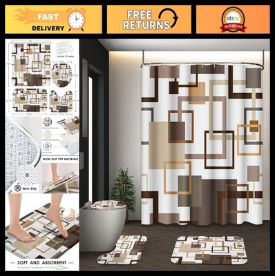 Geometric Brown Shower Curtain Set with Toilet Lid Cover & Non-Slip Rugs - 4 Pcs