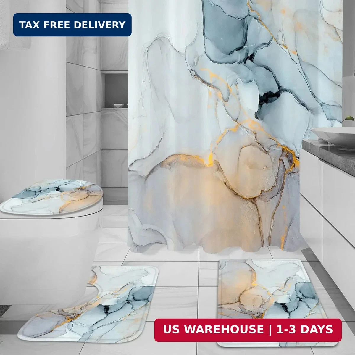 Gibelle 4 Pcs Bathroom Shower Curtain Set with Non-Slip Rugs, Toilet Lid Cover a
